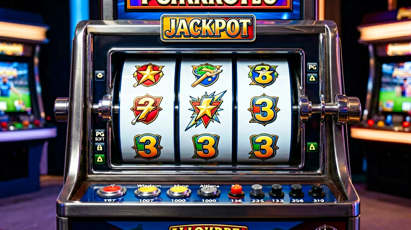 ငွေရောင်ဘောင်အတွင်း JACKPOT ဆိုင်းဘုတ်တပ်ထားသော slot စက်၏ reel သုံးလုံးတွင် ကြယ်၊ ရွှေရောင် ၃ နှင့် ၇ သင်္ကေတများ ပြသနေသည့်ရုပ်ပုံ