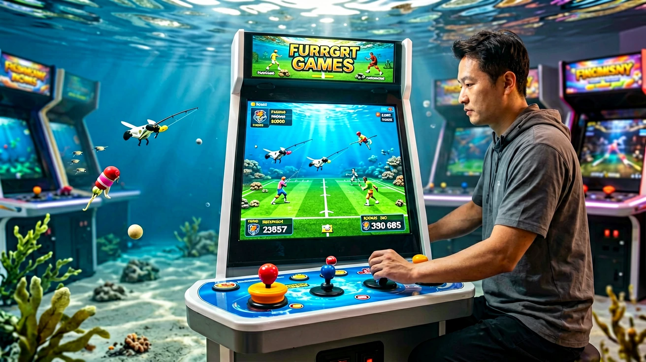 ရေအောက်ပတ်ဝန်းကျင်တွင် တည်ရှိသော arcade ငါးပစ်ဂိမ်းစက်တစ်လုံးကို ယောက်ျားလေးတစ်ဦးက joystick ခလုတ်များဖြင့် ထိန်းချုပ်နေစဉ် ငါးနှင့် ကျောက်တန်းများ ဝန်းရံနေသည့်ရုပ်ပုံ