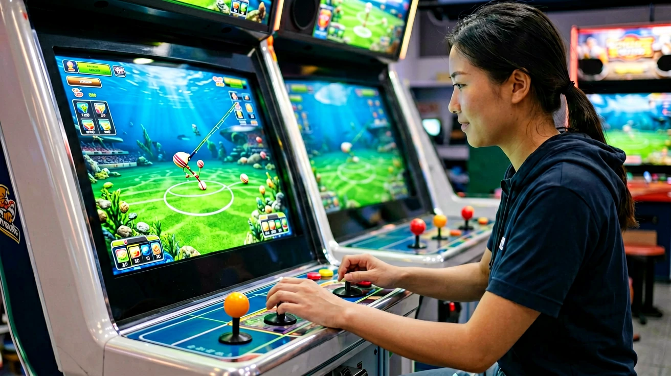 Arcade ဂိမ်းစက်တန်း တစ်လျှောက် joystick နှင့် ခလုတ်များကို လက်ဖြင့် ထိန်းချုပ်နေသော ကစားသမားတစ်ဦး၏ ရုပ်ပုံ