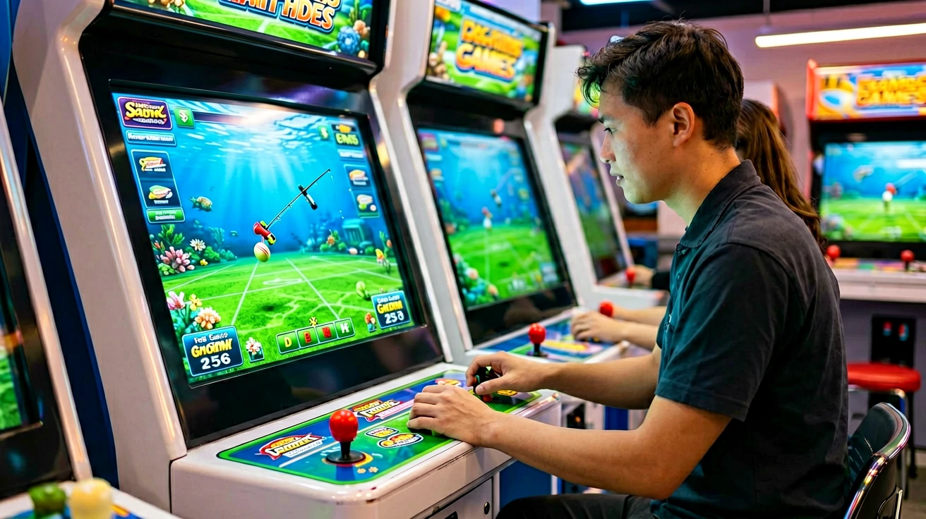 Arcade ဂိမ်းစက်တန်းတစ်ခုတွင် ယောက်ျားလေးတစ်ဦးက joystick ကို ကိုင်ပြီး ရေအောက်ငါးဖမ်းစခရင်ကို ကြည့်ရှုနေသည့်ရုပ်ပုံ
