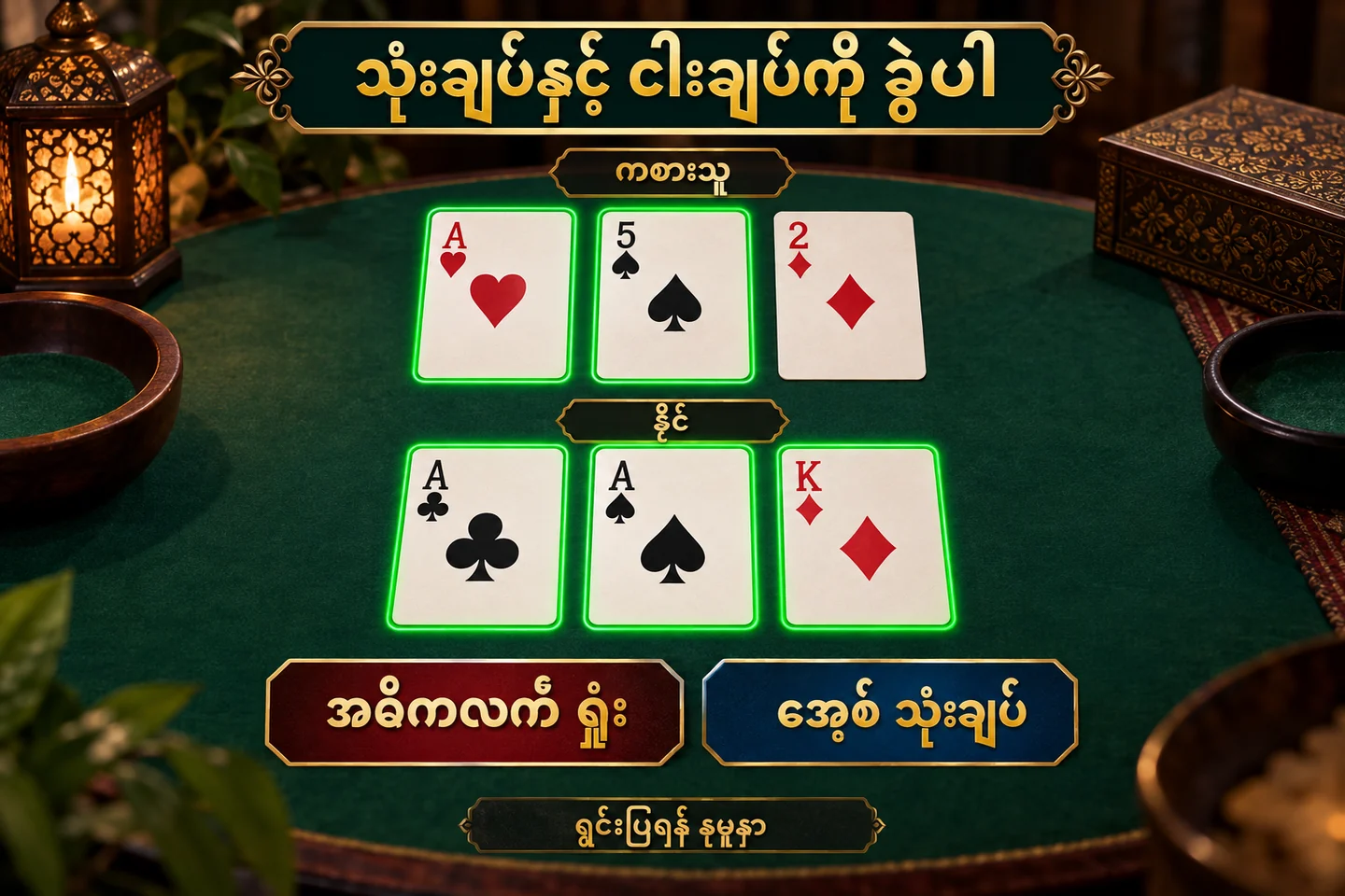 ကစားသူနှင့်ဒိုင် ဖဲခြောက်ချပ်မှ အကောင်းဆုံးငါးချပ်ကို ရွေးသည့်နမူနာ